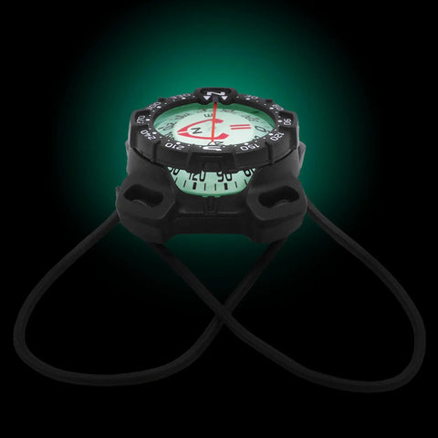 Bungee Mount Scuba Dive Compass With Glow In The Dark Face For Night Dives and Low Vis Conditions shown with bungee cords