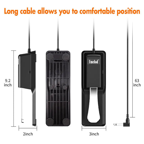 Universal Sustain Pedal For Digital Pianos And Keyboards With Smooth Action And Reverse Polarity Switch, dimensions shown.