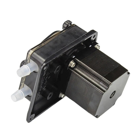 Professional Grade Heavy Duty Peristaltic Dosing Pump Powered By 24V DC Motor For Smooth Industrial Laundry Liquid Transfer, side view showing rotor and outlet.