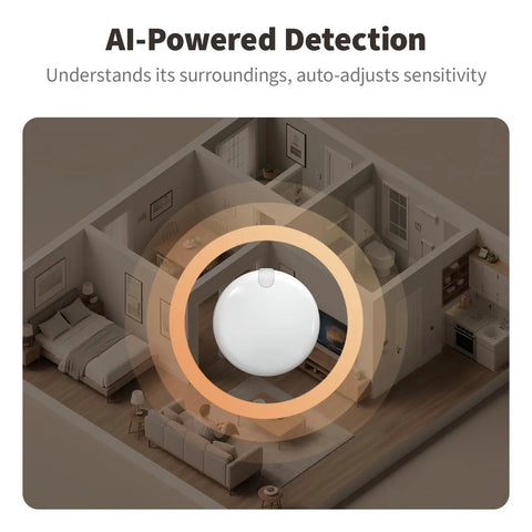 AI Powered 5 In 1 Presence Sensor With 60GHz MmWave And PIR Motion Detection Light Temperature And Humidity installed in a smart home room.