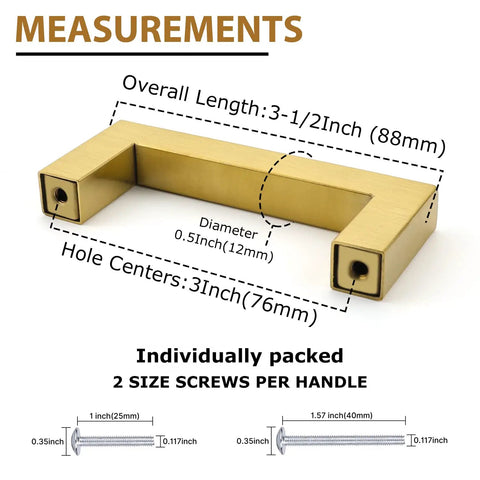 30 Pack Gold Cabinet Pulls 3 Inch Brass Kitchen Cabinet Handles Stainless Steel Square Pulls For Kitchen And Bathroom Cabinets 3 Inch Hole Center Satin Gold Finish Durable Easy Install Premium Hardware with labeled measurements
