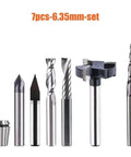 Seven solid carbide router bits with 1/4 inch shank for CNC woodworking and metal engraving in a set.