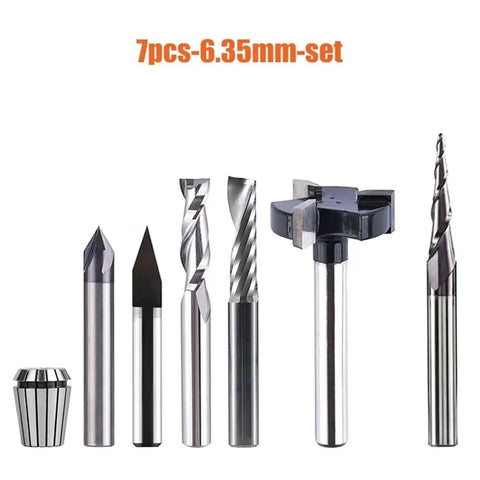 Seven solid carbide router bits with 1/4 inch shank for CNC woodworking and metal engraving in a set.