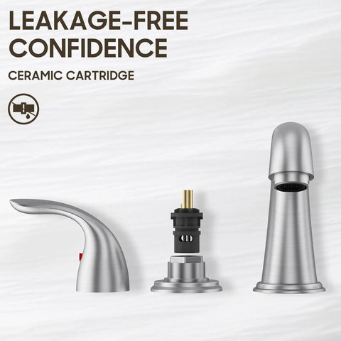 Components of 8 Inch Widespread Bathroom Faucet with Two Handles Three Hole Deck Mount in Brushed Nickel, ceramic cartridge displayed