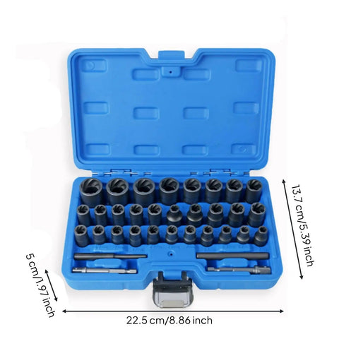 Top Tier 33 Piece Broken Bolt Extractor Set With Spiral Socket Nut Remover Kit For Cars And Trucks, CR-MO Steel Gear To Fix Rusty Bolts Fast In Your Garage Shop Or Workshop, blue case open