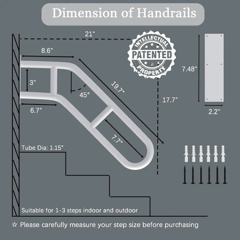 Diagram of 'Beefed Up U Shaped Outdoor Stair Handrail With Two Crossbars 26 Inch Wall Mounted Grab Bar In Black Matte Finish' dimensions.