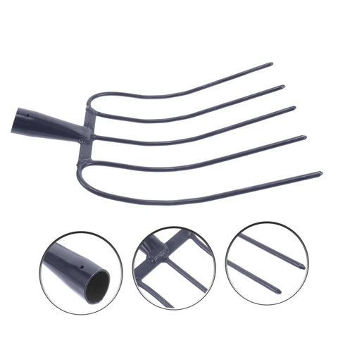 Heavy Duty Handheld Manure Fork For Garden And Lawn Cleanup Iron Farm Tool For Outdoor Use, close-up of iron tines