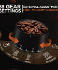 Portable Burr Coffee Grinder For Travel And Camping Cordless Electric Rechargeable Stainless Steel Conical Burr On The Go Espresso Grind 38 Adjustable Grind Settings dial showing 38 gear settings with coffee beans