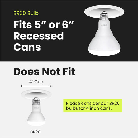 Comparison of LED BR30 Flood Light Bulbs 650 Lumens 5000K Daylight Dimmable 10.5W for 5" or 6" cans vs BR20 for 4" cans.