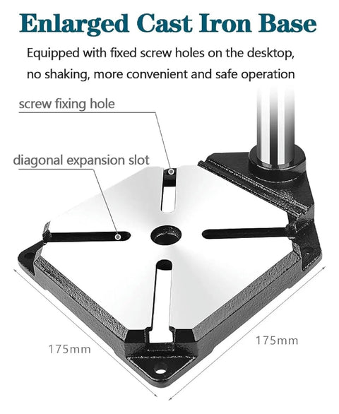 Enlarged cast iron base of Pro Grade Sturdy Floor Drill Press Stand Featuring Adjustable Vertical Sleeve and Beefy Steel Vice.