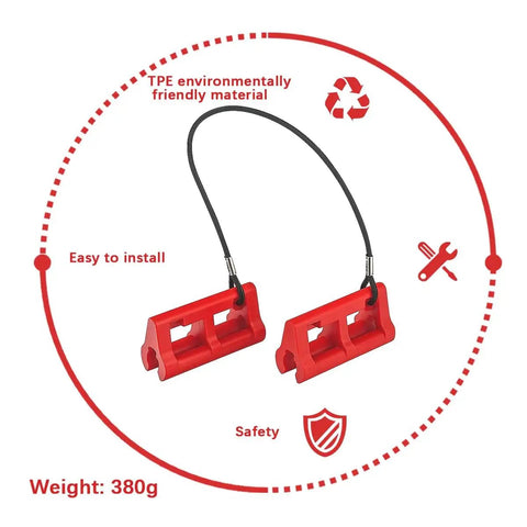 Hydraulic Steering Lock 4 Inch Steer Stop For Outboard Motors Universal For Trailering Or Transport Keeps Steering From Swinging During Travel Durable TPE Construction Clip Lock For Most Vehicles showing red TPE material, weight 380g.