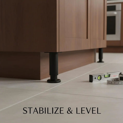 Beefy Telescopic Cabinet Leg Adjustable Steel Furniture Leveler For Uneven Floors Matte Black Finish with measuring tools