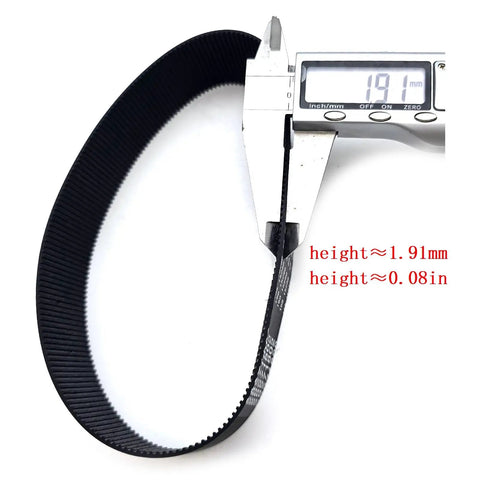 Measurement of black ribbed automotive belt using caliper, height 1.91mm or 0.08in, close-up view