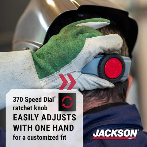 Close-up of worker adjusting a HLX 100 Welding Hood Lightweight Fixed Front Helmet Shade 10 ANSI Z87.1 Hydraflex Shell For All Day Comfort