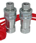 Front view of two nickel-plated hydraulic quick-connect couplers with 1/8-inch NPT threads and red dust caps