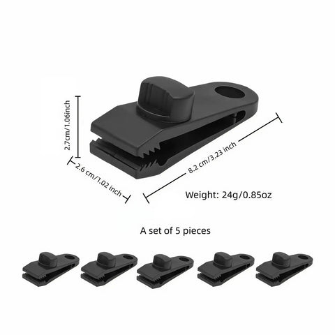 Heavy Duty Windproof Tent Clips With Anti Slip Teeth For Camping And Tarp Setups, Rugged Rope Clamps in a 5 piece set with dimensions