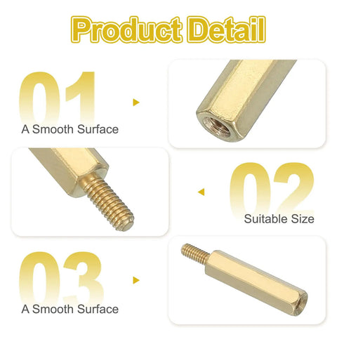 M2.5 X 19 Plus 6 Millimeter Female Thread Hex Brass Pcb Standoffs Twenty Piece Gold Spacer Set Built Different For Fpv Drones And Motherboards Sick Fit Hardware For Zero Sweat Assembly, showing smooth surface and dimensions.