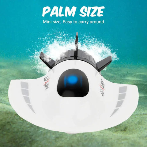 Palm-sized Mini RC Submarine Boat Remote Control Waterproof Diving Toy displayed underwater with rechargeable battery.