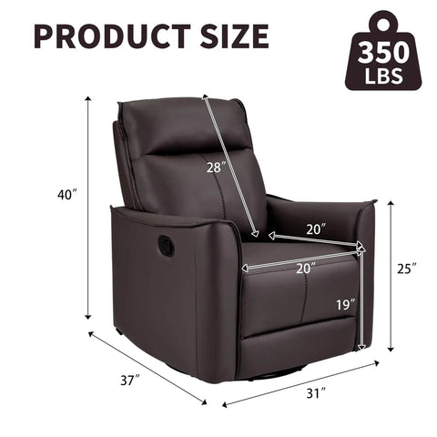 Image of Soft Back Swivel Rocker Recliner Glider Chair For Living Room And Nursery, 360 Degree Spin With 30 Degree Glide, showing dimensions.