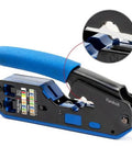 RJ45 RJ12 RJ11 Modular Crimp Tool For Cat5 Cat5e Cat6 Connectors Strip Cut Crimp In One Blue Handle crimping tool with close-up.