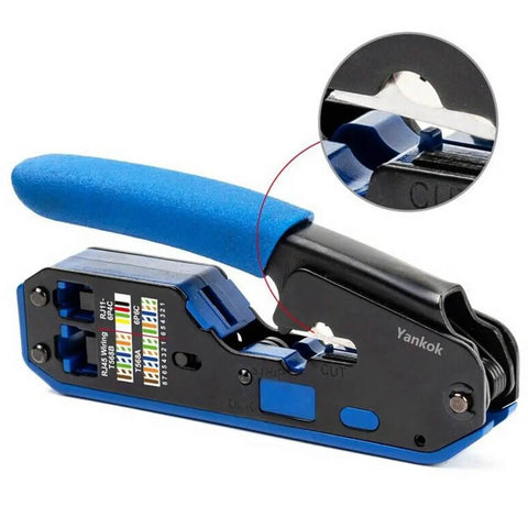 RJ45 RJ12 RJ11 Modular Crimp Tool For Cat5 Cat5e Cat6 Connectors Strip Cut Crimp In One Blue Handle crimping tool with close-up.