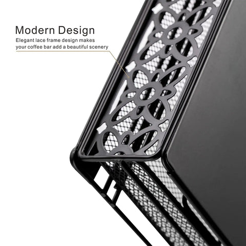 Close-up of lace-designed front of Coffee Pod Storage Drawer Organizer For Keurig And K Duo Plus Holds 42 Pods with metal mesh details