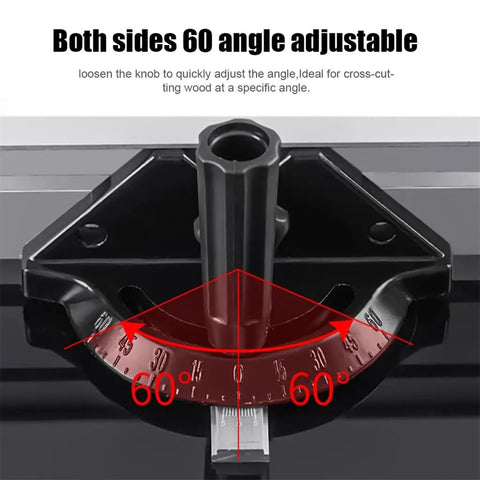 Heavy Duty Adjustable Universal Aluminum Miter Gauge Fence System With Rock Solid Angle Plate Ruler showing 60-degree angle adjustment.
