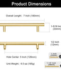 Product dimensions for Heavy Duty 5 Pack Solid Brass Cabinet Pulls With Brushed Gold Finish, including size and weight details.