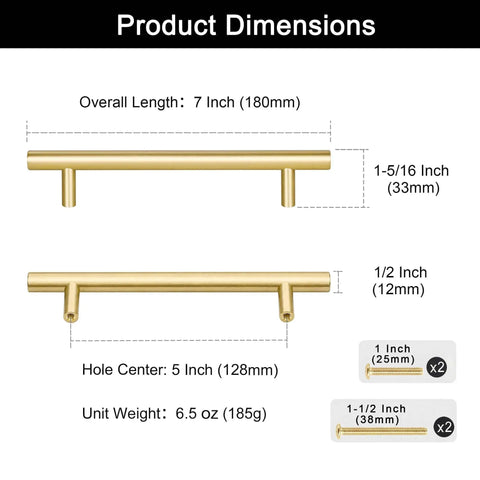 Product dimensions for Heavy Duty 5 Pack Solid Brass Cabinet Pulls With Brushed Gold Finish, including size and weight details.