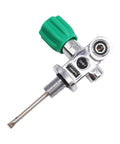 Underwater Scuba Tank Valve DIN Yoke Reducing Valve 0.75 Inch Brass Check Valve close-up with green knob for Dive Cylinders
