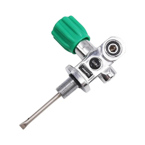 Underwater Scuba Tank Valve DIN Yoke Reducing Valve 0.75 Inch Brass Check Valve close-up with green knob for Dive Cylinders