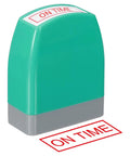 Sweet Acting On Time Self Inking Stamp For Quick Daily Office Grinds featuring green body and clear impressions on office paperwork.
