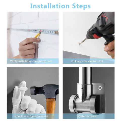 Installation steps for Sturdy 23.6 Inch Stainless Steel Toilet Grab Bar With Flip Up Design For Bathroom Safety shown in detail.