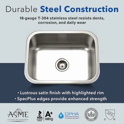 Medallion 23 Inch Classic Series Undermount Stainless Steel Single Bowl Kitchen Sink Built To Last With Cabinet Compatibility And Included Strainer For Easy Install, top view showing satin finish.