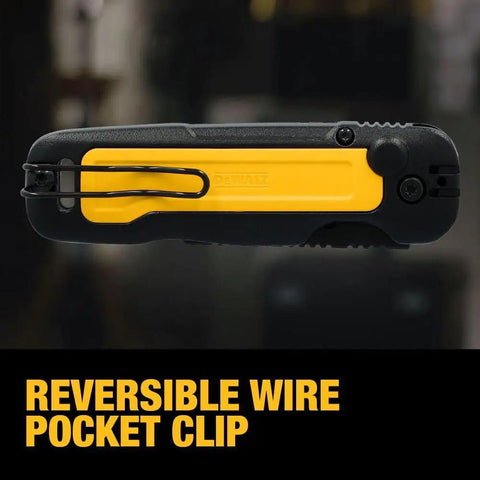 Close-up of Push And Flip Folding Utility Knife with reversible wire pocket clip for easy, safe cutting on tough jobsites.