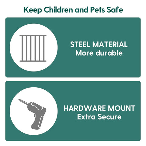 Steel and hardware mount features of Auto Close Baby and Dog Gate for Stairs and Hallways 2 In 1 Swing Doorway and Hallway Pet Gate.