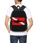Person wearing Vintage Shark Scuba Dive Flag Backpack For Unisex with red and black design on durable polyester.