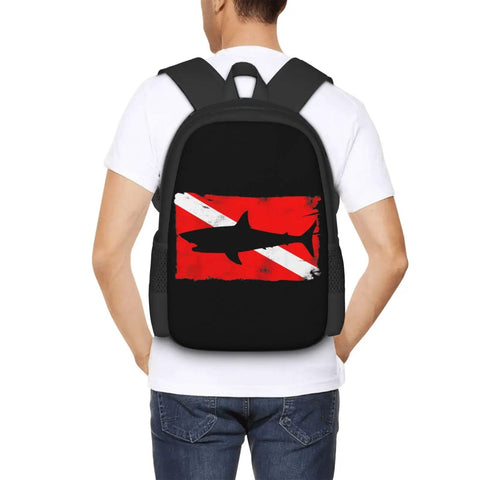 Person wearing Vintage Shark Scuba Dive Flag Backpack For Unisex with red and black design on durable polyester.
