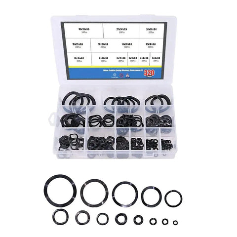 320 Piece Carbon Steel Wave And Crinkle Spring Washer Set M3 Through M31 Compression Type Assortment With Box Includes 13 Models Handy Durable Elastic Washers For Automotive Machinery And DIY Projects, open box with sizes