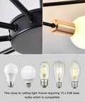 Close-up of 10 Light Sputnik Ceiling Light Fixture In Black And Gold Dope Semi Flush Mount Modern Close To Ceiling showcasing bulb holders and E26 bulbs.
