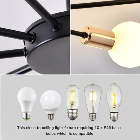 Close-up of 10 Light Sputnik Ceiling Light Fixture In Black And Gold Dope Semi Flush Mount Modern Close To Ceiling showcasing bulb holders and E26 bulbs.