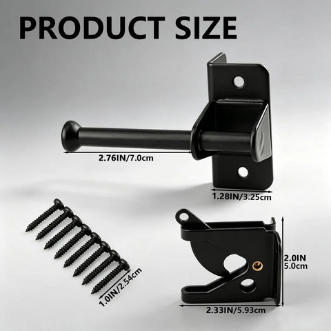 Heavy Duty Self Locking Gate Latch With Gravity Lock For Wooden Fences, Auto Lever Action Gate Lock, No Fuss Post Mount Black Gate Hardware, Door Lock For Secure Pool Garden And Shed Access, Fingertip Inside Release For Quick Open, 2.76in x 2.33in size, black steel
