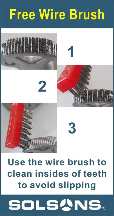 Steps to clean pipe wrench teeth with a free wire brush for Heavy Duty 16 Inch Pipe Wrench With Slip Free Grip And Lightweight Aluminum Handle