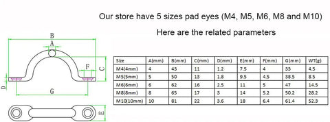 Diagram showing dimensions of pad eyes including M4 to M10 sizes with parameters; related to Ten Pack 316 Stainless Steel Pad Eye Deck Loops Three Eighths Inch Marine Tie Down Anchor Points For Bimini Tops Kayaks Canoes Rigging M5 Mount Holes Fit One Sixteenth To Three Eighths Inch Wire Rope.