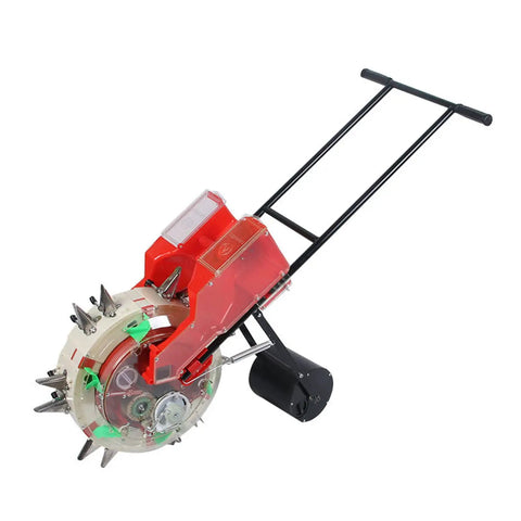 Walk Behind Manual Garden Seeder With Go-To Hand Push Planter for rows and precise spacing, featuring dual seed buckets, red frame.