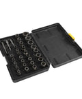 Premium 32 Pc Bolt Extractor Socket And Nut Remover Kit With 1/4 In And 3/8 In Adapters For Crushing Rusted Bolts And Lug Nuts Like A Pro In Workshop Or Home Repairs With Precision Metal Sockets. open case with 32 metal extractor sockets