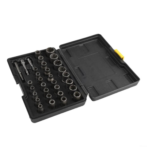 Premium 32 Pc Bolt Extractor Socket And Nut Remover Kit With 1/4 In And 3/8 In Adapters For Crushing Rusted Bolts And Lug Nuts Like A Pro In Workshop Or Home Repairs With Precision Metal Sockets. open case with 32 metal extractor sockets