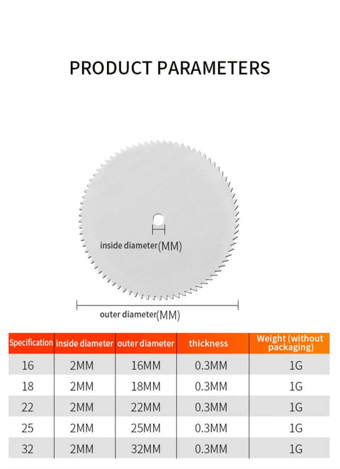 Dimensions and specs of 11 Piece Mini HSS Circular Saw Blade Set For Rotary Tools With Mandrel Stainless Steel Cutting Discs