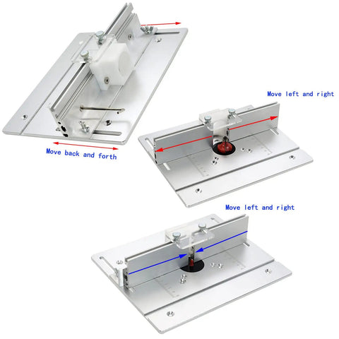 Shop Grade Aluminum Router Table Insert Plate With Snap Fit Mounting Holes And Dead Center Alignment Rulers For Knockout Woodworking Carving And Router Trimming Jobs Silver Set showing adjustable alignment guides and mounting features.