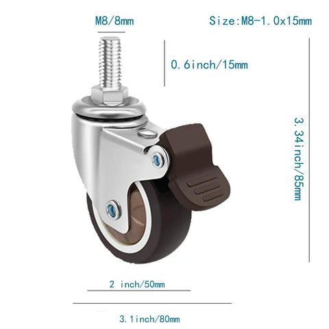 Hassle Free TPR Stem Casters With Auto Lock Brakes 360 Degree Swivel Wheels Metric M8 Thread close-up showing rubber wheel and brake.